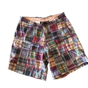 Vintage Berle Mens Madras Plaid Patchwork Pleated Shorts Size 34, 7” Inseam